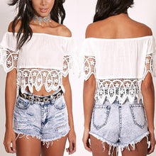Bohemian White Crop Top for Women Off Shoulder Lace Splice T shirt Camisetas Tops Slash Neck Women Clothing ELY