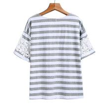 Top Striped Short-sleeve Lace Patchwork Loose Cotton O Neck T-shirt Women Casual Lace T-shirts 1STL ELY