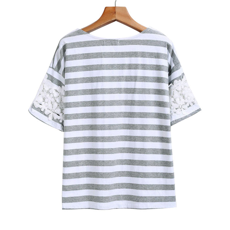 Top Striped Short-sleeve Lace Patchwork Loose Cotton O Neck T-shirt Women Casual Lace T-shirts 1STL ELY