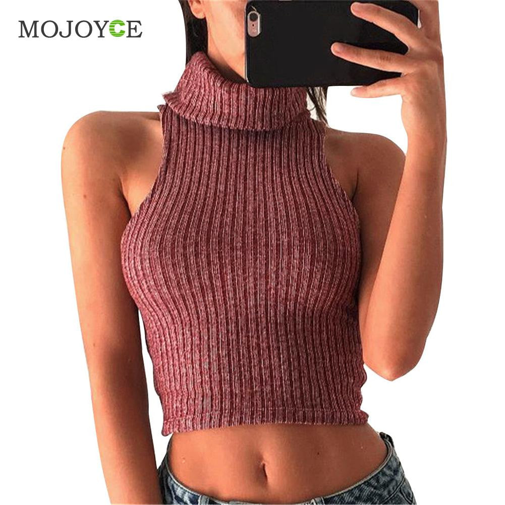 Turtleneck Thick Crochet Knitted Sweaters Pullovers Cropped Vest Woman Top Sleeveless Women Sweaters and Pullovers ELY