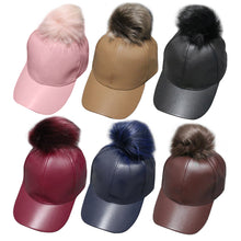 PU Leather Hip Hop Pom Pom fur Ball Baseball Cap Snapback Women Racoon Dog Fur Baseball HatSuede Adjustable Baseball Cap ELY