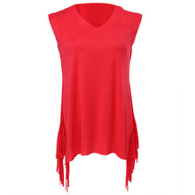 V-neck Sleeveless Tassels T shirt Women Irregular Slit at the Side T-shirt Vest Crop Top Women Tops 1STL ELY