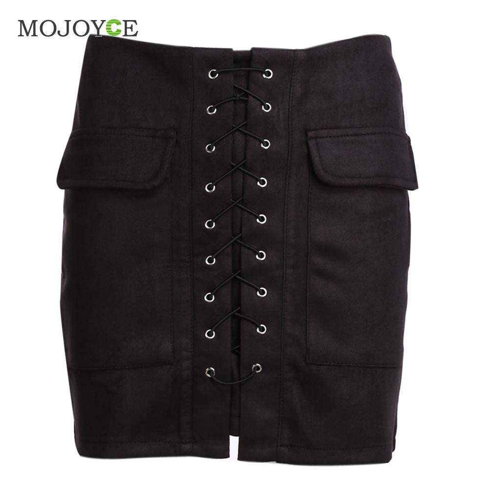 Vintage Suede Leather Short Women Skirt Lace up Cross Strap Buckskin Leather Skirt High Waist Casual Skirts Womens ELY