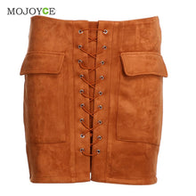 Vintage Suede Leather Short Women Skirt Lace up Cross Strap Buckskin Leather Skirt High Waist Casual Skirts Womens ELY