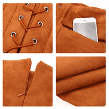 Vintage Suede Leather Short Women Skirt Lace up Cross Strap Buckskin Leather Skirt High Waist Casual Skirts Womens ELY