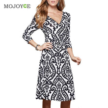 White Black Print Elegant Women Dress Vestido Bodycon V Neck Women Office Vestido De Festa Dress Vintage Dress ELY