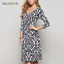 White Black Print Elegant Women Dress Vestido Bodycon V Neck Women Office Vestido De Festa Dress Vintage Dress ELY