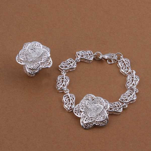 silver Jewelry Setsilver plated JewelryFlower Bracelet+Ring Set SMTS442 ELY