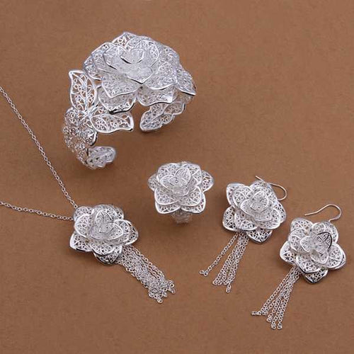 silver Jewelry Setsilver plated JewelryFlower Necklace+Bangle+Earring+Ring Set SMTS444 ELY