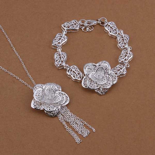 silver Jewelry Setsilver plated JewelryFlower Necklace+Bracelet Set SMTS438 ELY