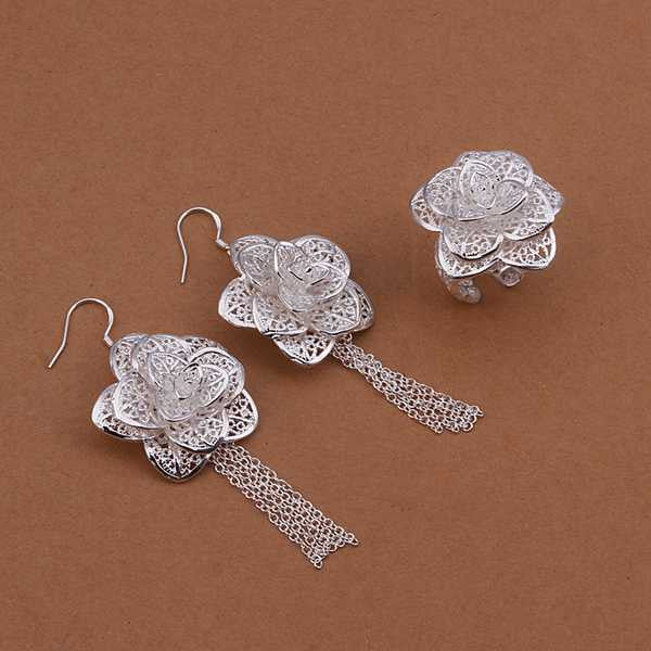 silver Jewelry Setsilver plated JewelryFlower Ring+Earring Set SMTS441 ELY
