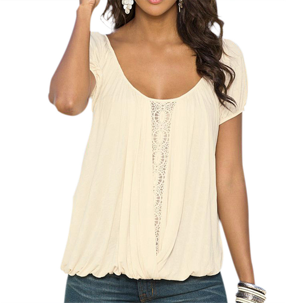 Women Beige O-neck Lace Crochet T shirt Plus Size Front Lace Backless Tee Shirt Femme Casual Tops Loose Mini Sleeve T shirt ELY