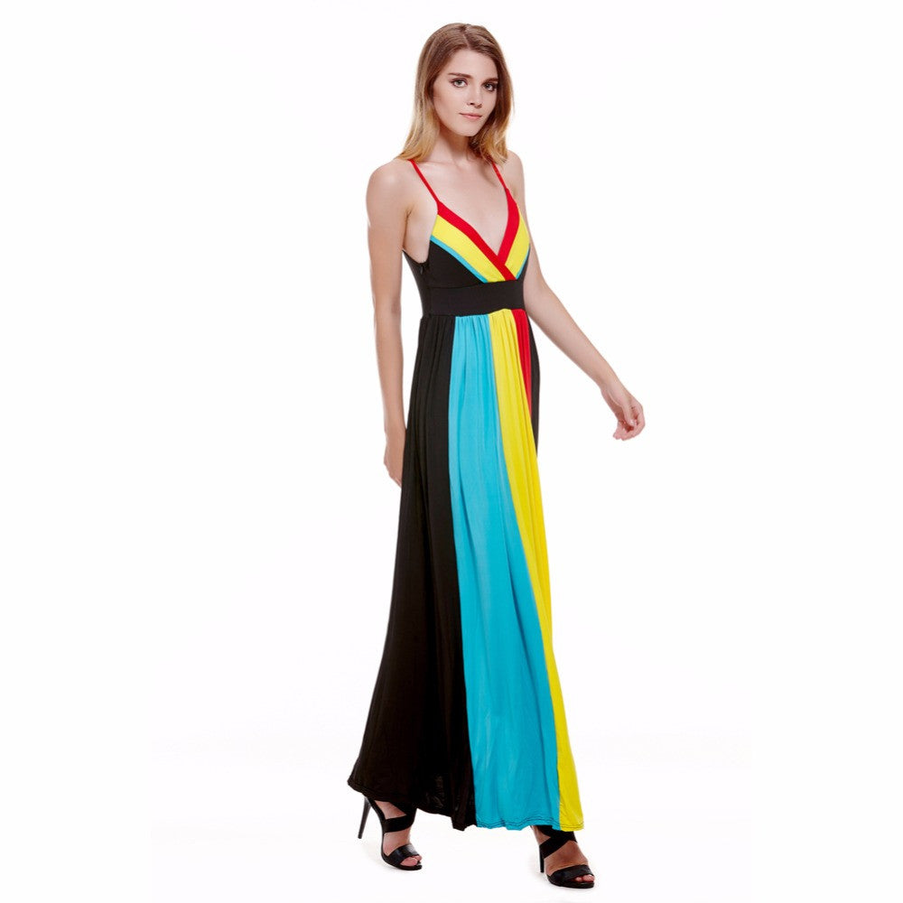 Women Boho Party Beach Dress Long Maxi Dress Sexy Strap Neck Women Maxi Multi Color Dress V Neck Striped Vestido Mujer 1STL ELY