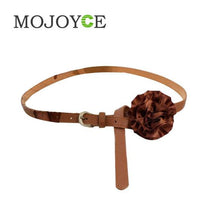 Women Brown Faux Leather Slender Buckle Belt Waistband with Satin Flower 1STL ELY