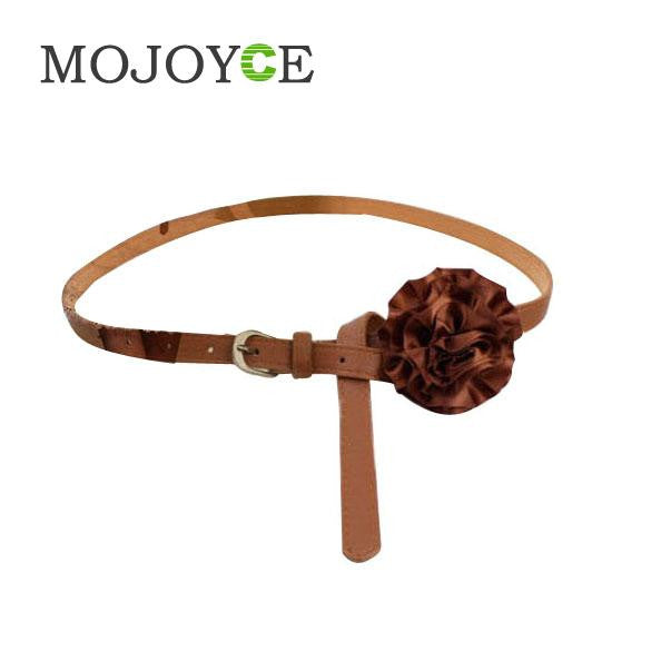 Women Brown Faux Leather Slender Buckle Belt Waistband with Satin Flower 1STL ELY