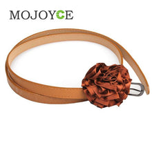 Women Brown Faux Leather Slender Buckle Belt Waistband with Satin Flower 1STL ELY