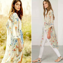 Women Chiffon Floral Kimono Cardigan Cover Up Floral Print 3/4 Sleeve Open Neck Asymmetric Blouse Kimonos Ladies Tops M S-XL ELY