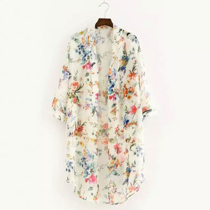 Women Chiffon Floral Kimono Cardigan Cover Up Floral Print 3/4 Sleeve Open Neck Asymmetric Blouse Kimonos Ladies Tops M S-XL ELY