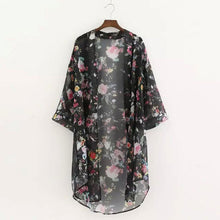 Women Chiffon Floral Kimono Cardigan Cover Up Floral Print 3/4 Sleeve Open Neck Asymmetric Blouse Kimonos Ladies Tops M S-XL ELY