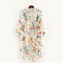 Women Chiffon Floral Kimono Cardigan Cover Up Floral Print 3/4 Sleeve Open Neck Asymmetric Blouse Kimonos Ladies Tops M S-XL ELY