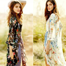 Women Chiffon Floral Kimono Cardigan Cover Up Floral Print 3/4 Sleeve Open Neck Asymmetric Blouse Kimonos Ladies Tops M S-XL ELY