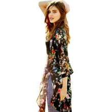 Women Chiffon Floral Kimono Cardigan Cover Up Floral Print 3/4 Sleeve Open Neck Asymmetric Blouse Kimonos Ladies Tops M S-XL ELY