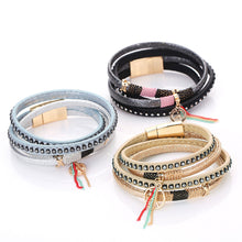 Women Multilayer Leather Rhinestone Bracelets Leather Crystal Magnetic Clasp Braceletes 1STL ELY
