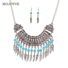 Women Leaf Tassel Gold Rhinestone Choker Necklace Earrings Jewelry Set ELY