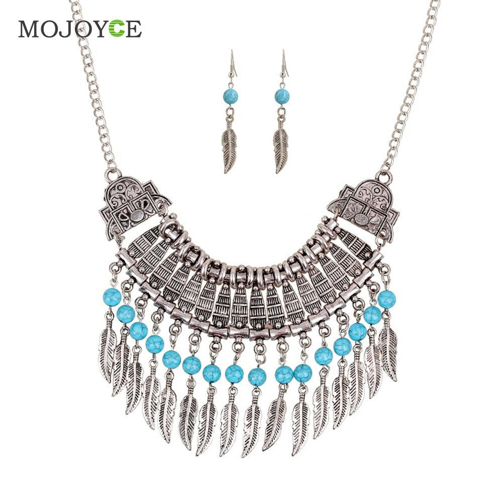 Women Leaf Tassel Gold Rhinestone Choker Necklace Earrings Jewelry Set ELY
