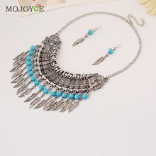 Women Leaf Tassel Gold Rhinestone Choker Necklace Earrings Jewelry Set ELY