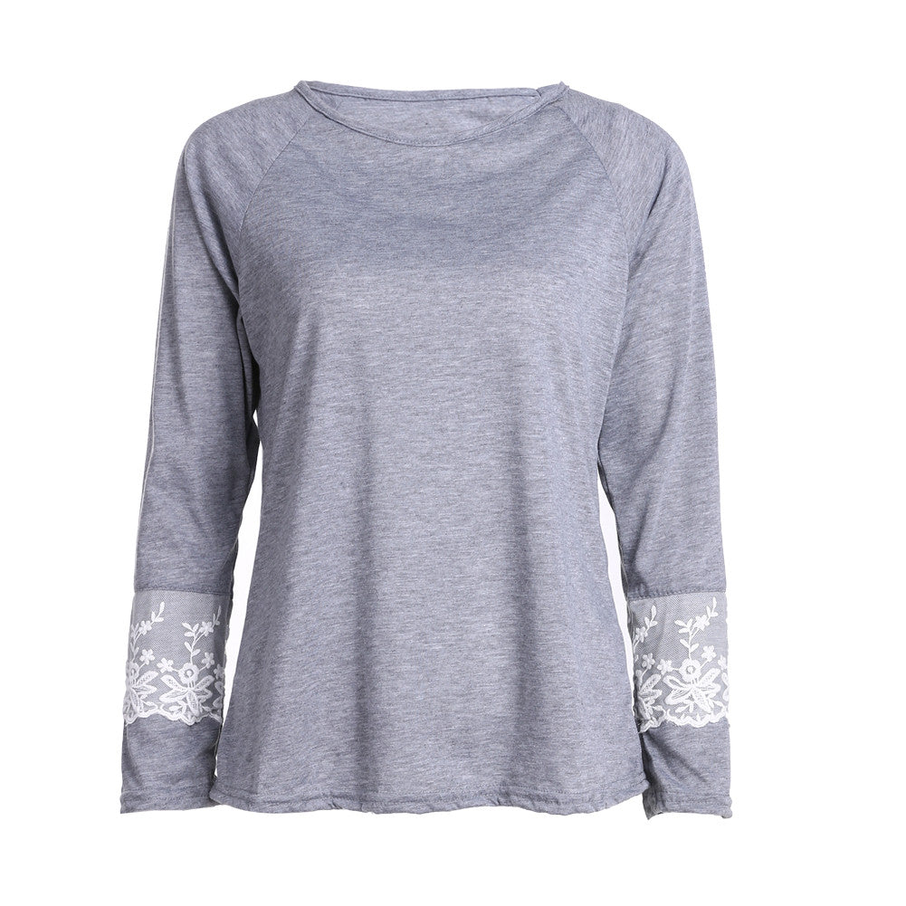 Women O-neck Sleeve Splicing Lace Long Sleeve T-shirt Tees Elegant Womens Lace Tops Casual Tee Shirt Femme camisetas mujer ELY