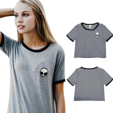 Women Short Sleeve Tee Stripes or Alien Pattern Casual Crop Top Alien Printing Bare Midriff Cotton Blended T-Shirt 1STL ELY