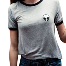 Women Short Sleeve Tee Stripes or Alien Pattern Casual Crop Top Alien Printing Bare Midriff Cotton Blended T-Shirt 1STL ELY