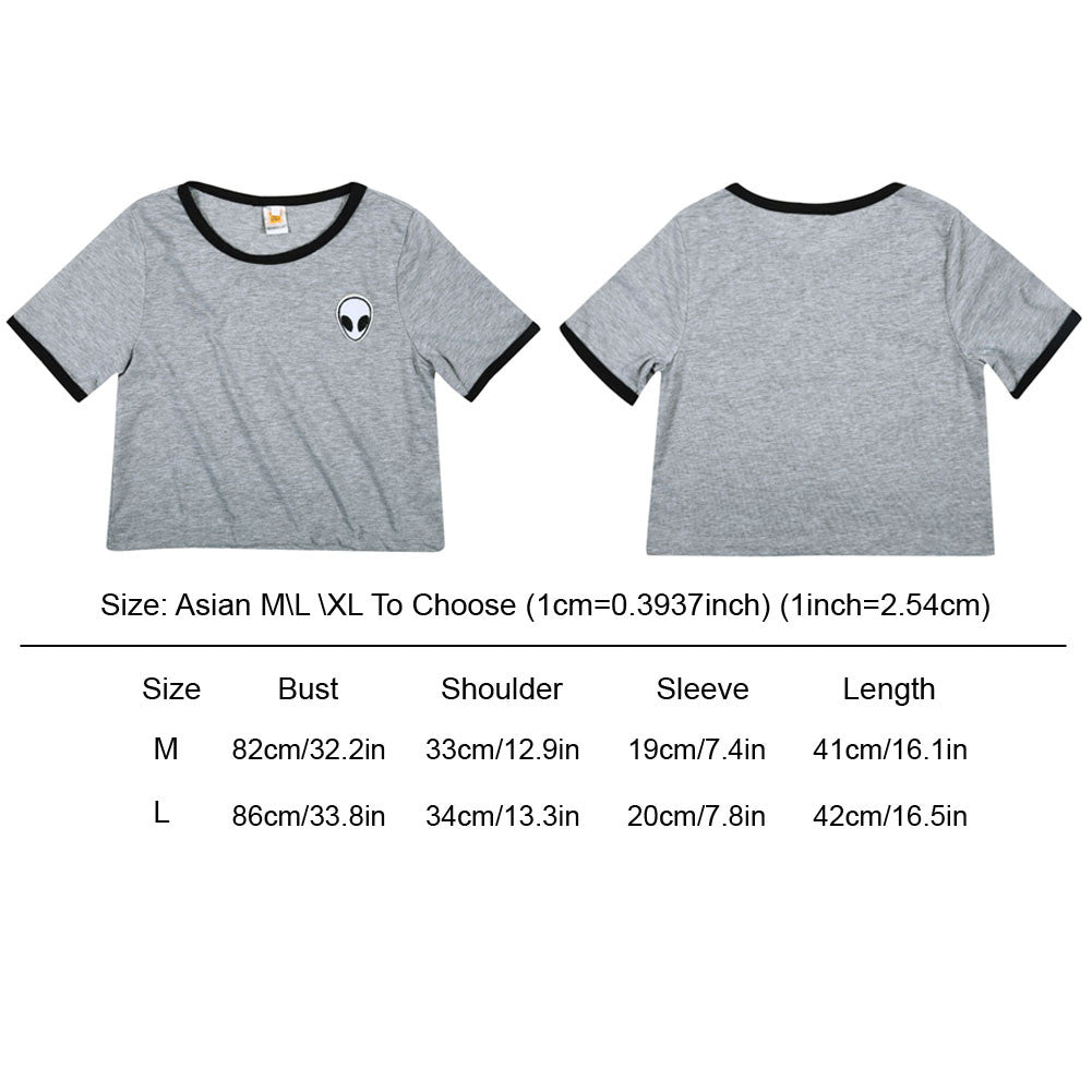 Women Short Sleeve Tee Stripes or Alien Pattern Casual Crop Top Alien Printing Bare Midriff Cotton Blended T-Shirt 1STL ELY
