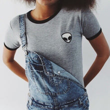 Women Short Sleeve Tee Stripes or Alien Pattern Casual Crop Top Alien Printing Bare Midriff Cotton Blended T-Shirt 1STL ELY
