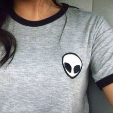 Women Short Sleeve Tee Stripes or Alien Pattern Casual Crop Top Alien Printing Bare Midriff Cotton Blended T-Shirt 1STL ELY