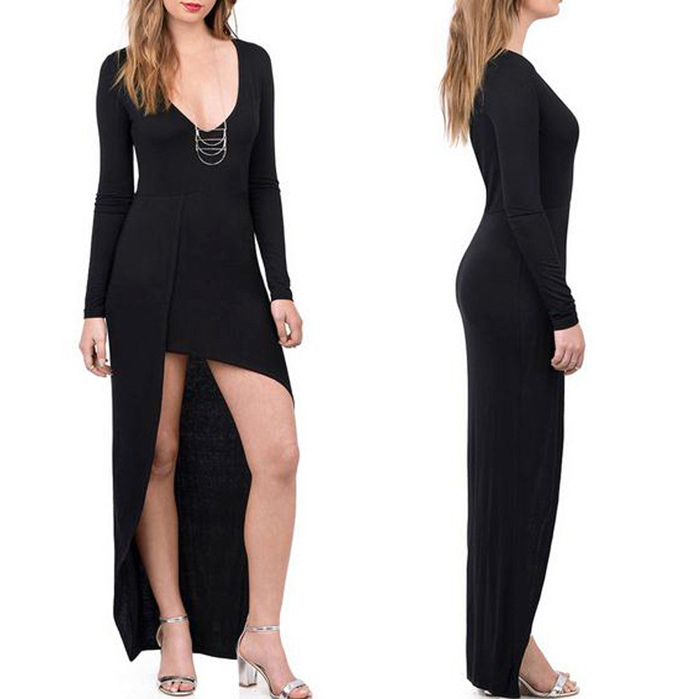 Women Solid Deep V-Neck Long Sleeve Cross Hem Front-Shorter Dress 1STL ELY
