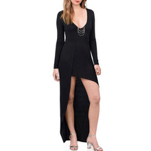 Women Solid Deep V-Neck Long Sleeve Cross Hem Front-Shorter Dress 1STL ELY