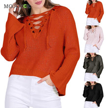 Women V-Neck Long Sleeve Sweater Knitwear Cardigan Loose Coat Cross Strap Sweater 1STL ELY
