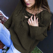 Women V-Neck Long Sleeve Sweater Knitwear Cardigan Loose Coat Cross Strap Sweater 1STL ELY