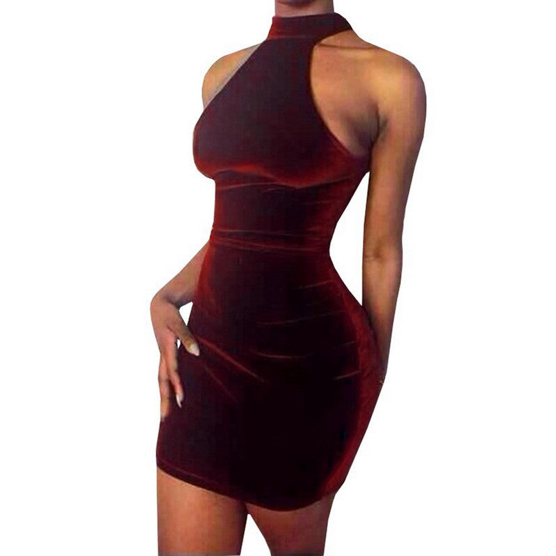 Women Velvet Casual Solid Color Sleeveless Choker Bodycon Mini Dress ELY
