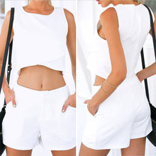 Women's Pure Color White Quilts Vest Shorts Suit White Woman O-Neck Sleeveless Suit 1STL ELY