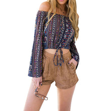Womens Off-The-Shoulder Long Sleeve Trumpet Print Crop Top T-shirt femininas blusas femininas ELY