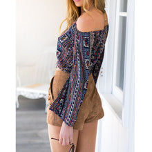 Womens Off-The-Shoulder Long Sleeve Trumpet Print Crop Top T-shirt femininas blusas femininas ELY