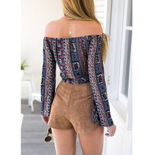 Womens Off-The-Shoulder Long Sleeve Trumpet Print Crop Top T-shirt femininas blusas femininas ELY