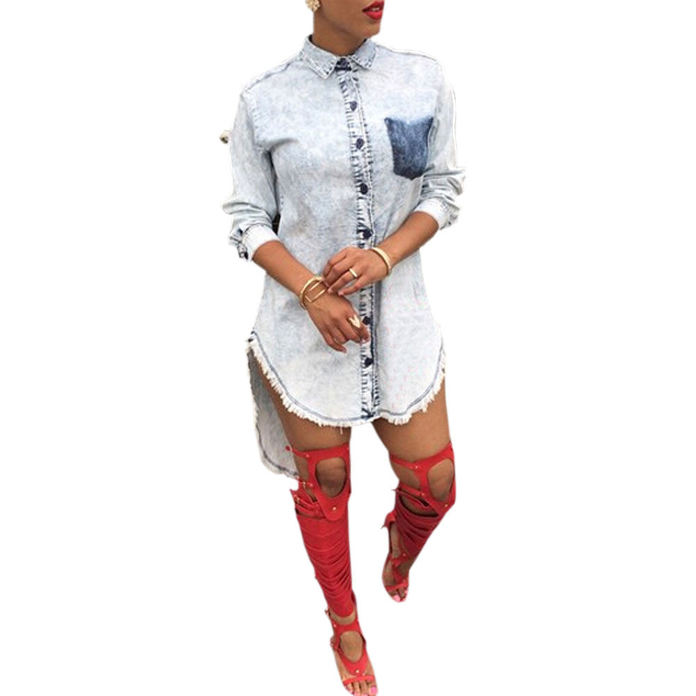 Womens Casual Blue Denim Jeans Shirt Blouse Top Party Club Mini Dress Long Sleeve Shirt Dress1STL ELY