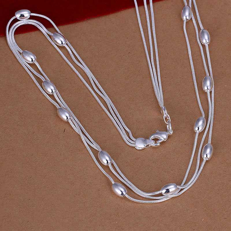 silver plated Chain Three Line Bead Necklaces Pendants Men jewelry 214 ELY